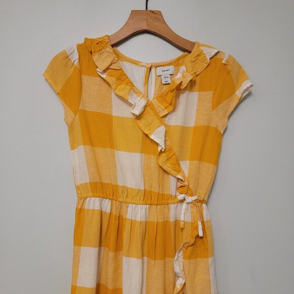 Old Navy Wrap Dress Yellow White Check Buffalo‎ Plaid Summer Large 10/12 NEW - Picture 2 of 11